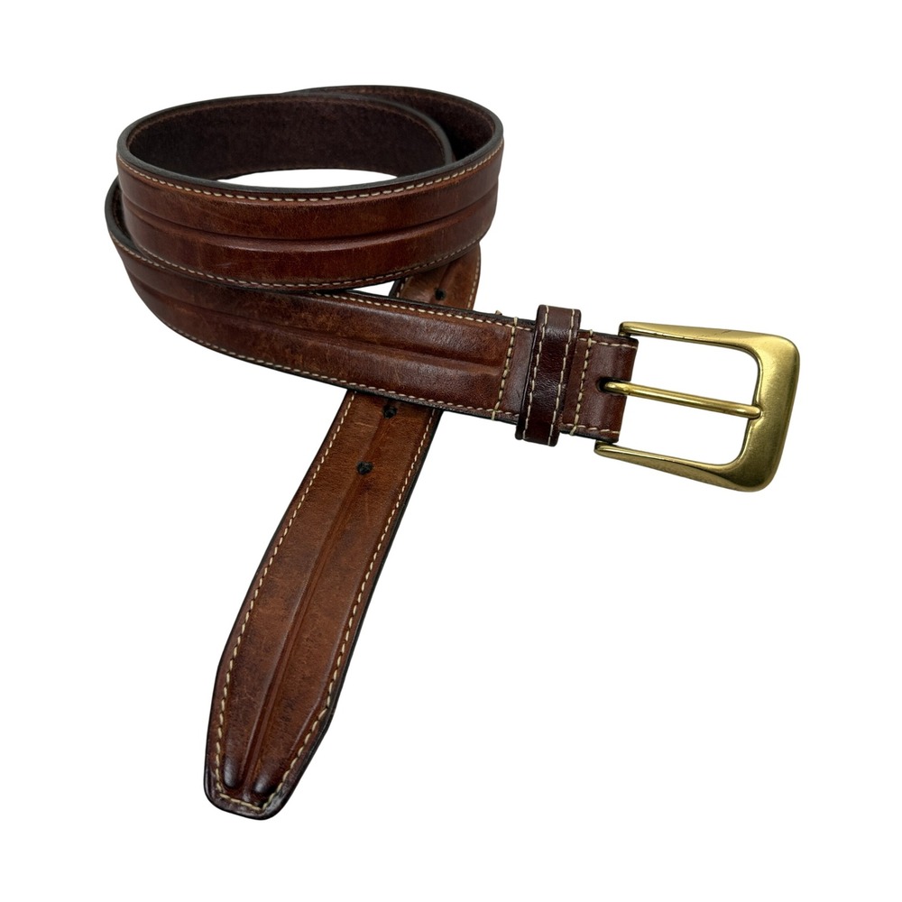 Cole Haan Belt Mens 34 Brown Leather Brass Buckle Casual Dress Raised Ridge